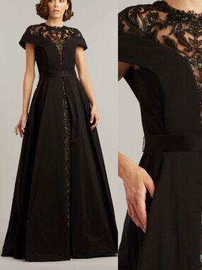 New Tadashi Shoji Mariora Plunging Illusion Gown Dress Black Size 8 BTN21245L